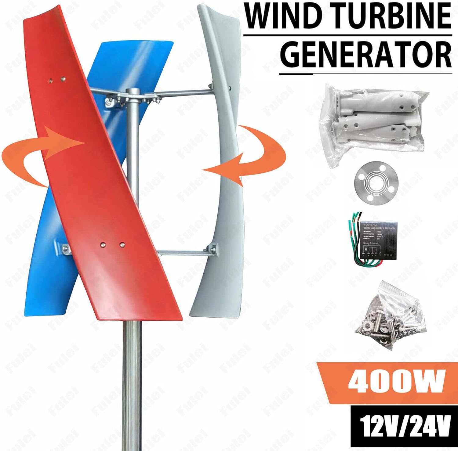 12V Vertical Wind Turbine Generator - High Efficiency 400W 3-Blade Helix Design, IP67 Waterproof, Durable Permanent Magnet Power System for Renewable Energy Solutions