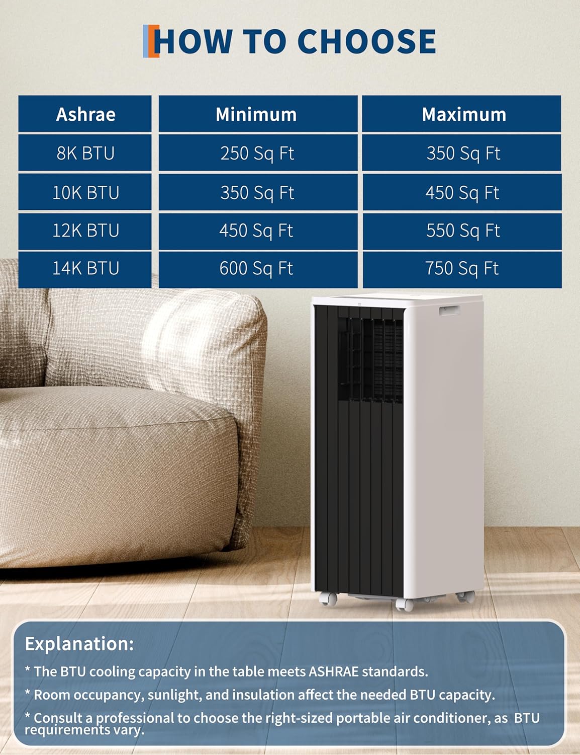 Portable AC 8000 BTU Air Conditioner, Cools 350 Sq.Ft Room, with Fan & Dehumidifier, Remote Control, 24H Timer, Auto Swing, Easy Setup for Home, Bedroom, Office, Living Room Use, White and Black