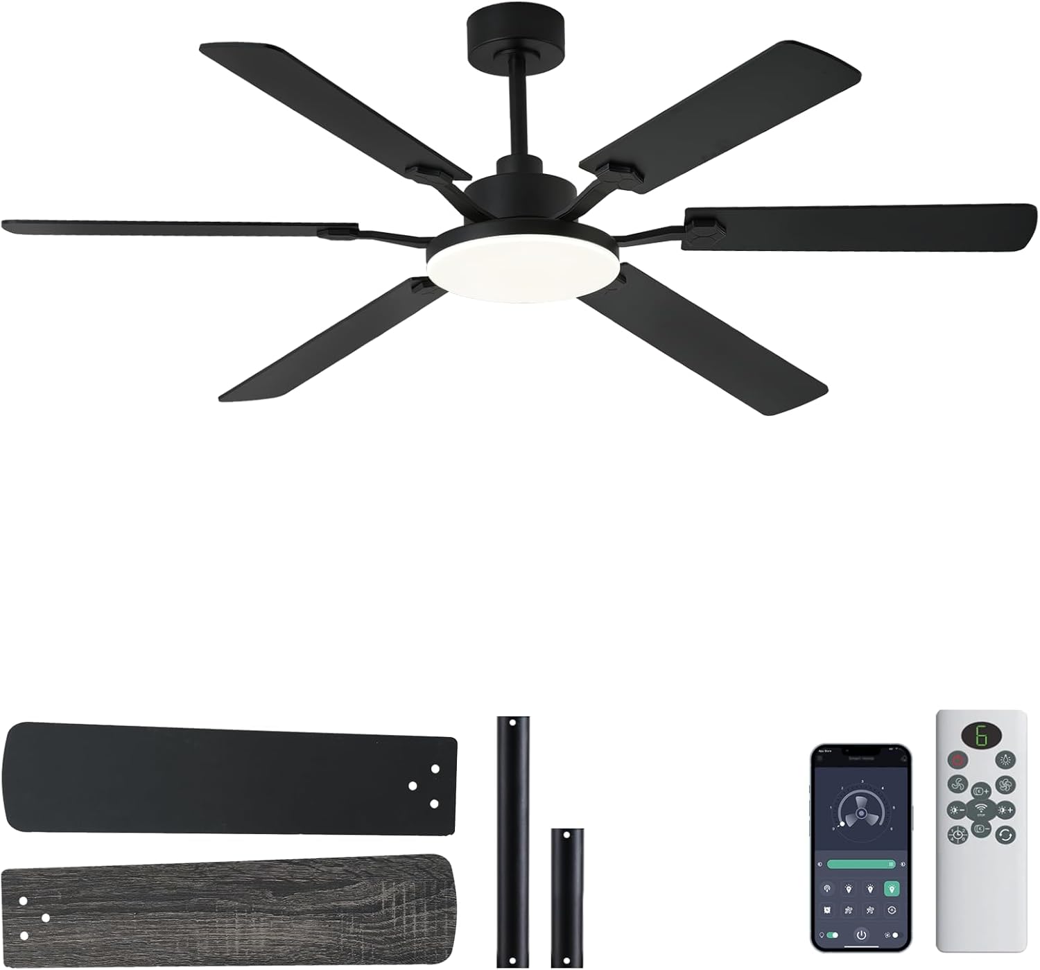 60 Inch Ceiling Fans with Lights, Large Modern Black Ceiling Fan with Light and Remote Control, 6 Double Sided Blades, 6 Speed Reversible Motor, Dimmable LED, Silent Timing, Indoor Outdoor Patio Use