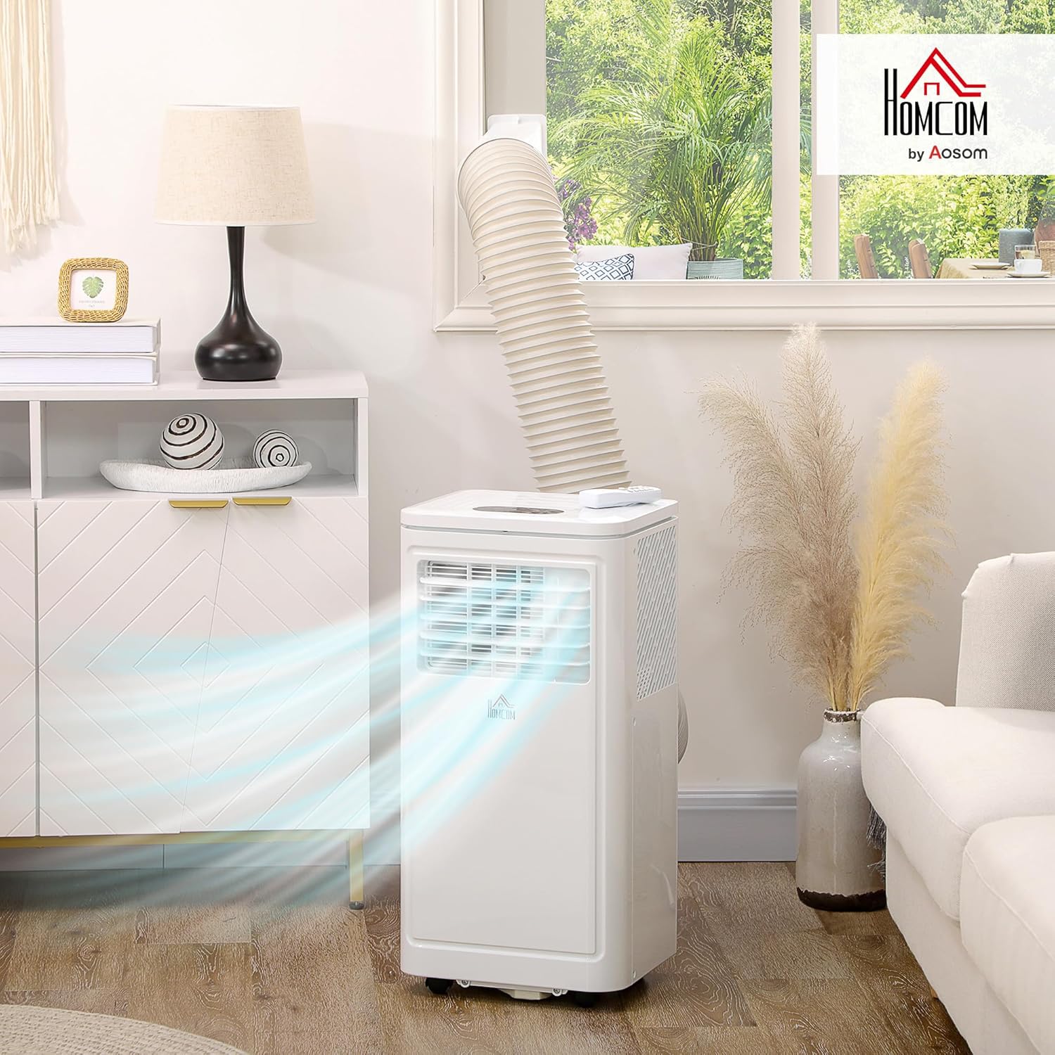 HOMCOM 8000 BTU Portable Air Conditioner, for Rooms Up to 344 Sq. Ft., 3-in-1 Portable AC Unit with Dehumidifier, Cooling Fan, Sleep, 24H Timer On/off, Remote, Window Installation Kits, Cream White