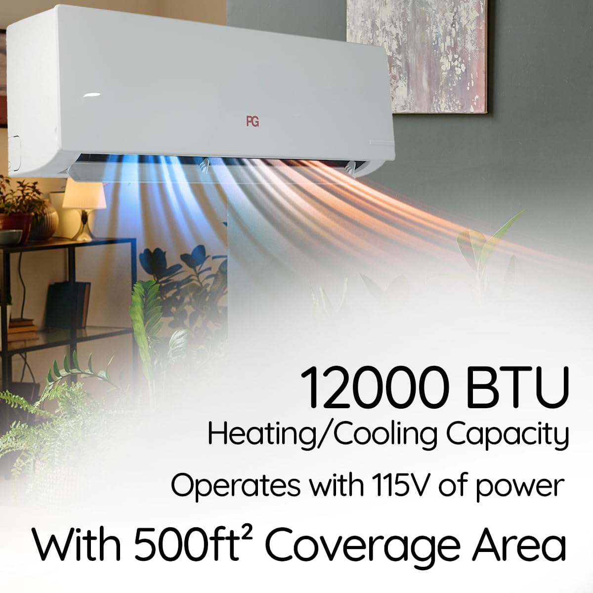 PG Split System Air Conditioner 12,000 BTU Heat Pump, 17 SEER Ultra Energy Efficient, Quiet Operation, Indoor & Outdoor Units, 115V, Wi-Fi Smart Control