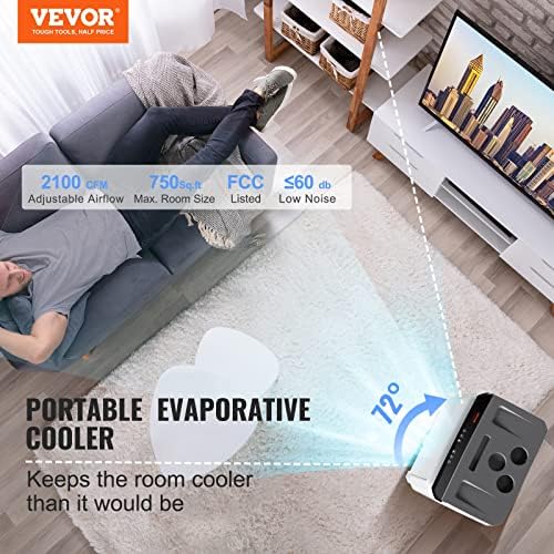 VEVOR Evaporative Air Cooler,120W 2100CFM Swamp Cooler with 7 Gal Water Tank,12H Timer,3 Modes & Speeds and Humidifying Portable 3-IN-1 Cooling Fan,Remote Control,Use for 750 Sq.Ft Indoor or Outdoor