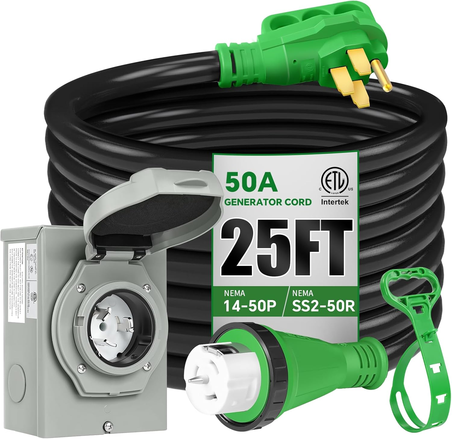 50 Amp Generator Inlet Box Kit with 25FT Cord – NEMA 14-50P to SS2-50R Twist Lock, 125V/250V, ETL Listed, Waterproof w/LED Indicator & Pre-Drilled Holes