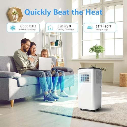 8,000 BTU Portable Air Conditioner - 3 in 1 Cooling, Dehumidification and Fan, Cools up to 350 square feet, includes remote control and window kit, perfect for bedroom, kitchen, office