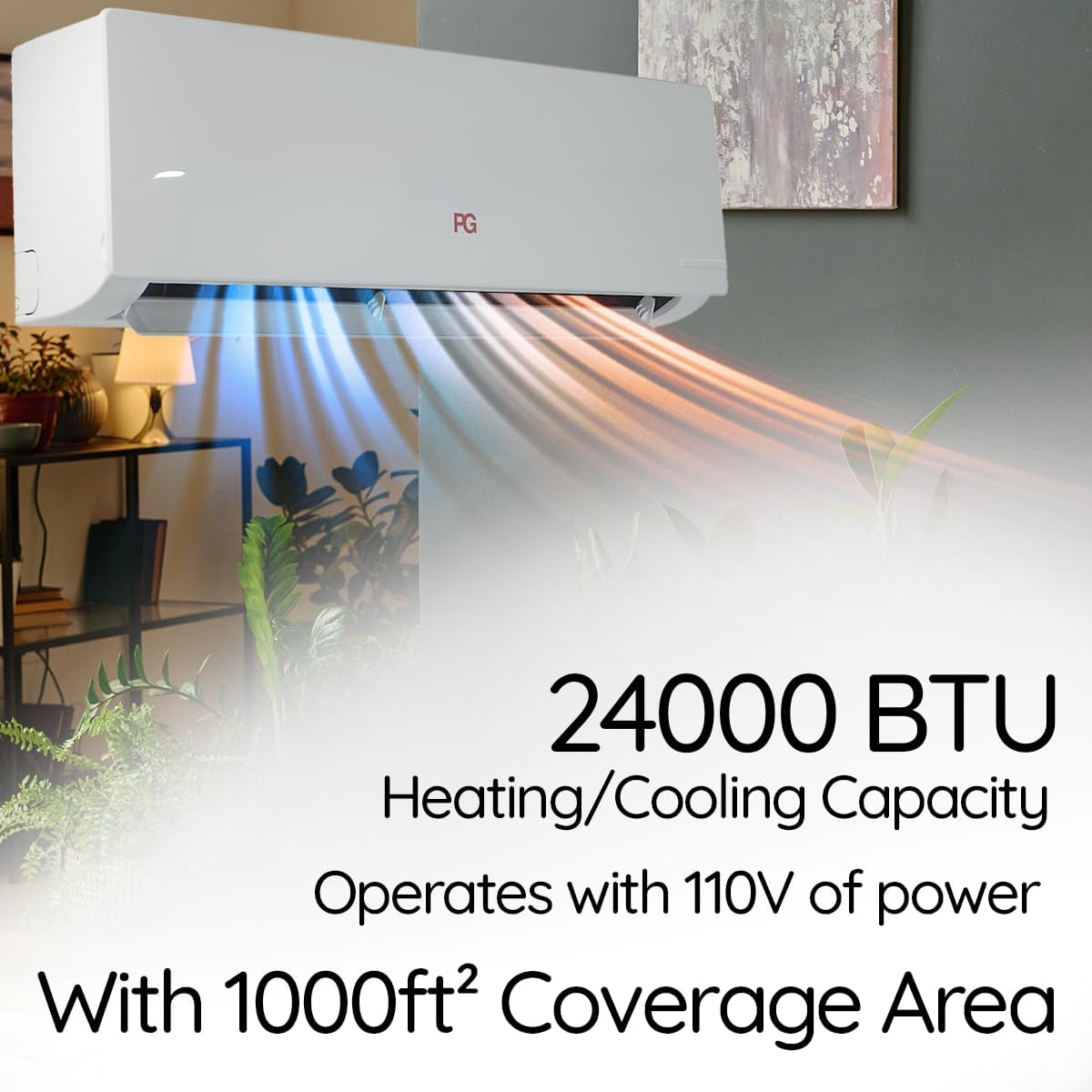 PG Mini Split Air Conditioner Heat Pump System, 18,000 BTU, 17 SEER Energy Efficient, Quiet Operation, Indoor & Outdoor Units, 110V, Wi-Fi Smart Control, R-32 Refrigerant