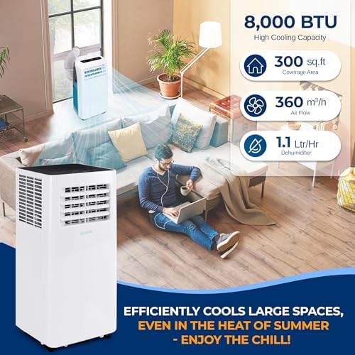 SereneLife Small Air Conditioner Portable 8,000 BTU with Built-in Dehumidifier - Portable AC unit for rooms up to 350 sq ft - WiFi app + Remote Control, Window Mount Exhaust Kit