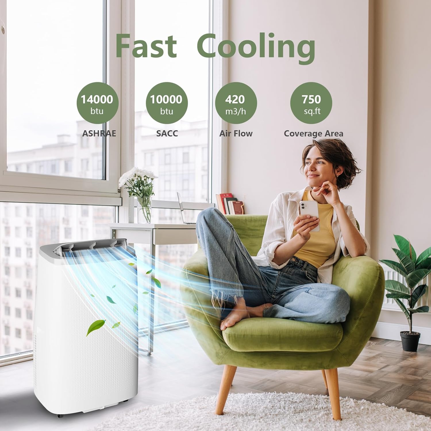 14000BTU Portable Air Conditioners for Room Cooling up to 750 Sq. Ft, 3 in 1 Mobile Indoor AC Units with Fan & Dehumidifier, Remote Control, Sleep Mode, 24H Timer, Window Vent Kit… (14000BTU)