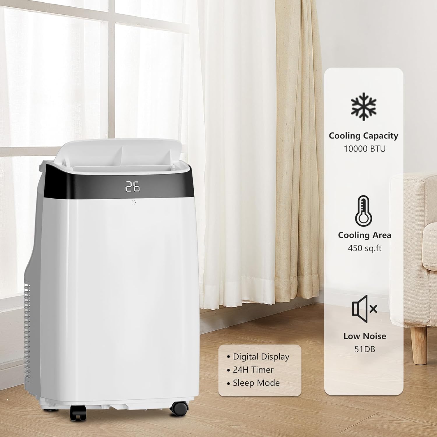 10000 BTUs Portable Air Conditioner, Floor AC Unit Cools Up to 500 Sq. Ft, Multifunctional Air Conditioner with 2 Wind Speed, Remote & Timer, for Office/Home