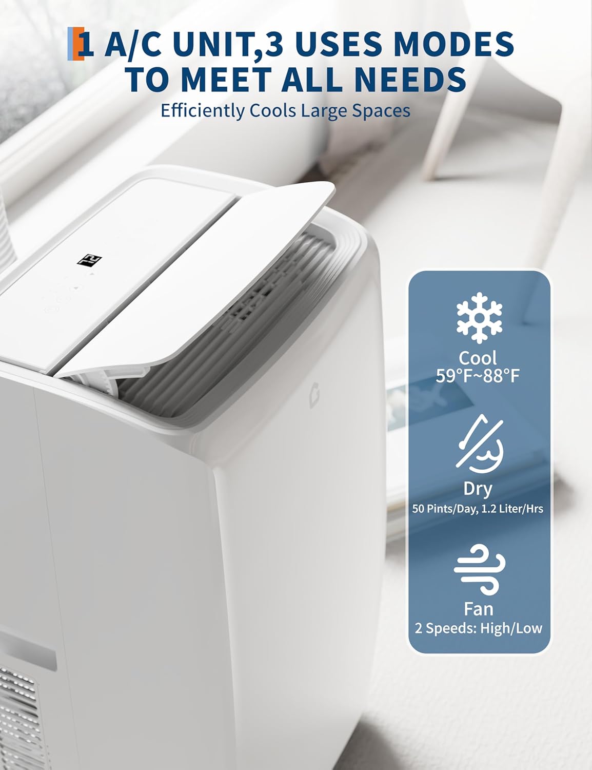 14,000 BTU Portable Air Conditioner for Room Up to 750 Sq.Ft, 4 in-1 AC Unit with Cooling, Fan, Dehumidifier & Sleep Mode, Remote Control & Window Kit Included for Home, Office, Apartment,White