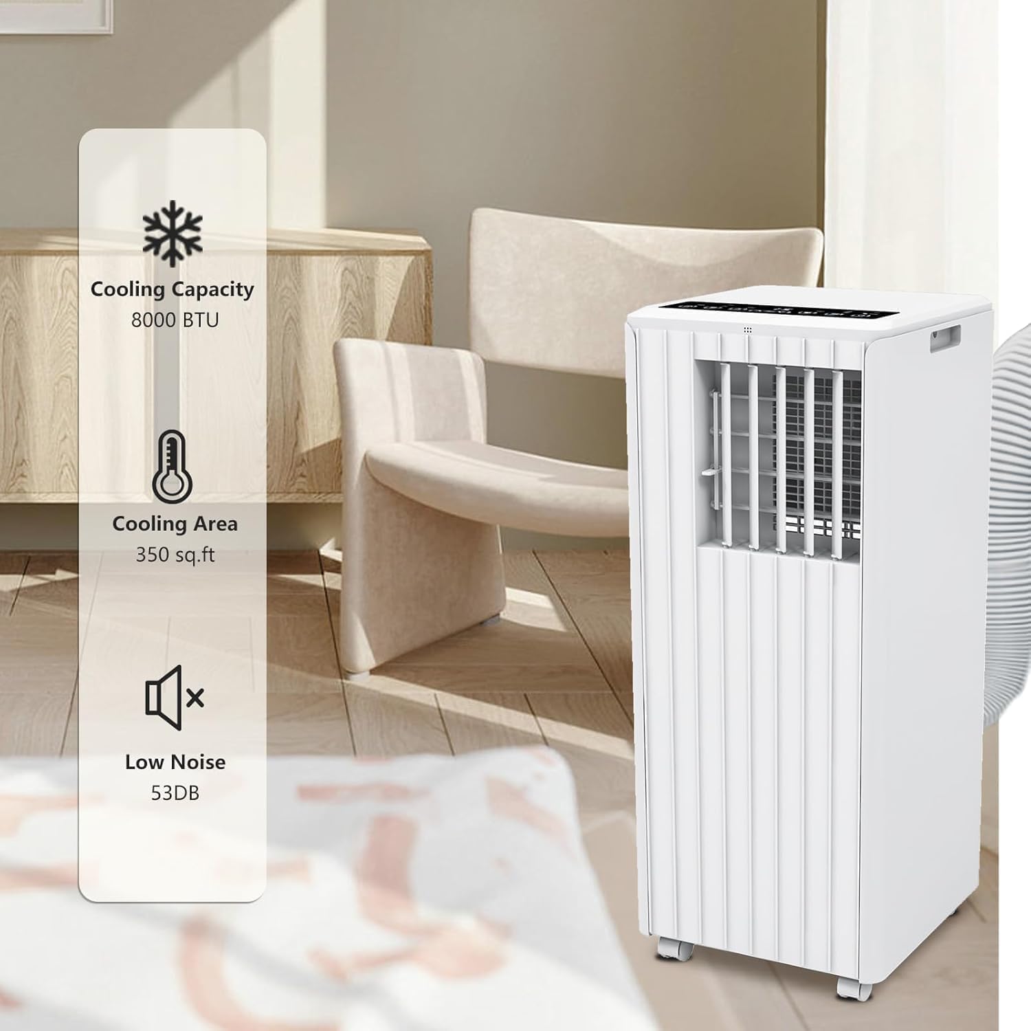 8000 BTU Portable Air Conditioner, Portable AC Unit with Fan & Dehumidifier, Air Conditioner Portable for Rooms Up to 350 Sq Ft, Remote Control, 24H Timer for Bedroom, Office, Apartment, White