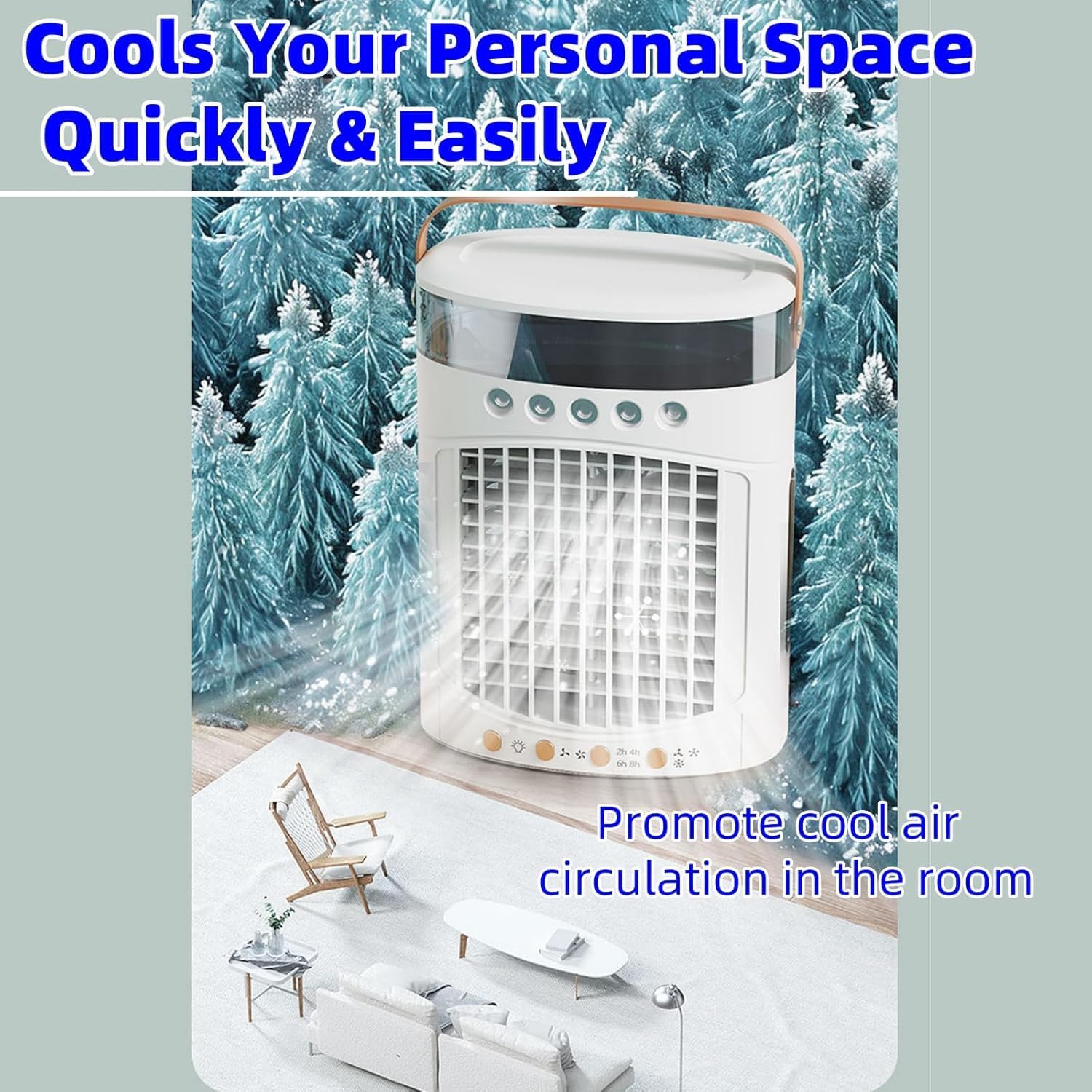 Portable Air Conditioners Fan, USB Personal Mini Air Conditioner 2 Speed 3 Mist 7 Night Light 8H Timer, 0.6L Water Tank Evaporative Air Cooler for Room, Bedroom, Office, and More (Black) (White)