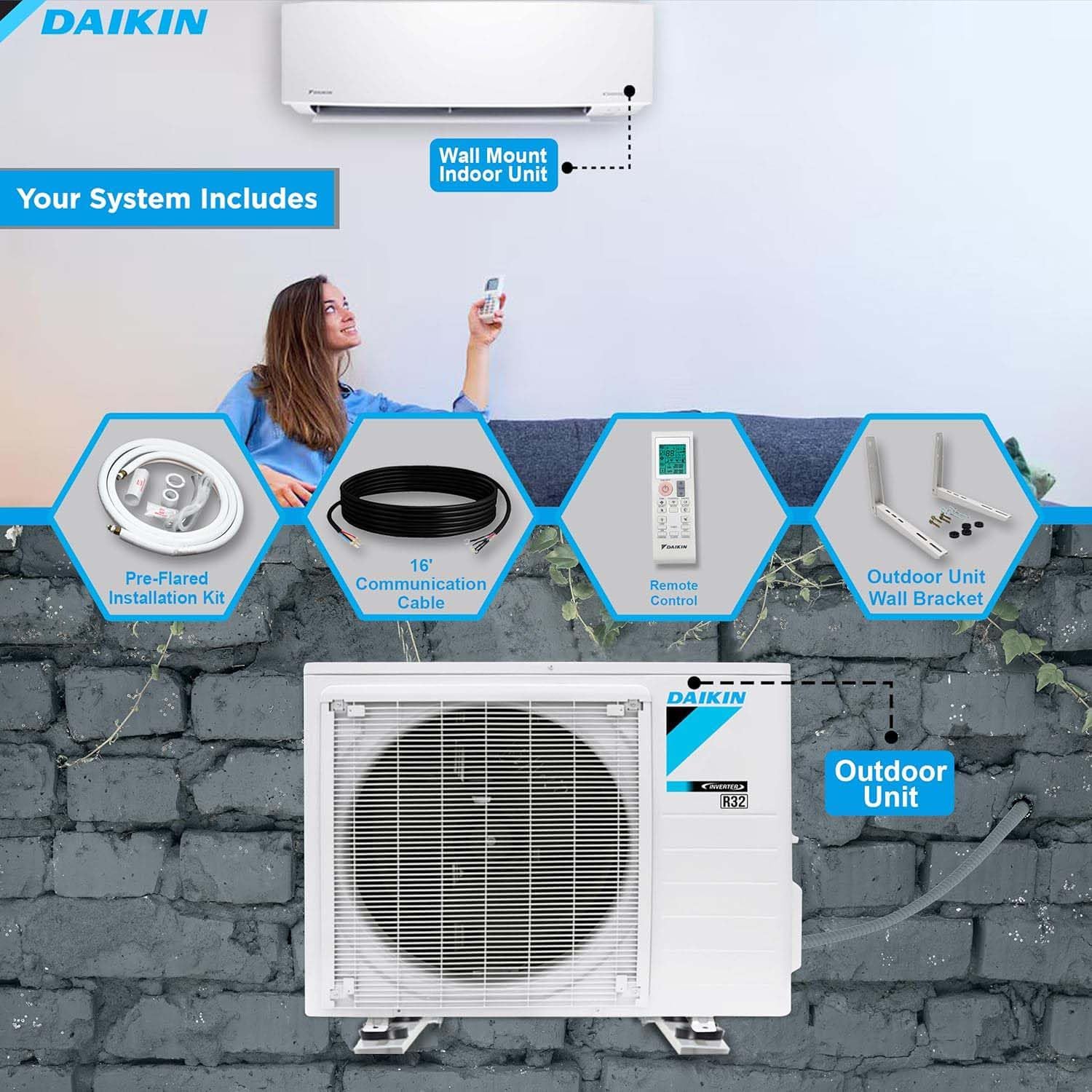 Daikin 12,000 BTU 18 SEER2 Entra R32 Series Ductless Mini Split Heat Pump System w/Maxwell All-Inclusive 15’ Installation Kit and Wall Mounting Bracket (230V), White, RXC12+FTXC12+IKM1438+WAFP24