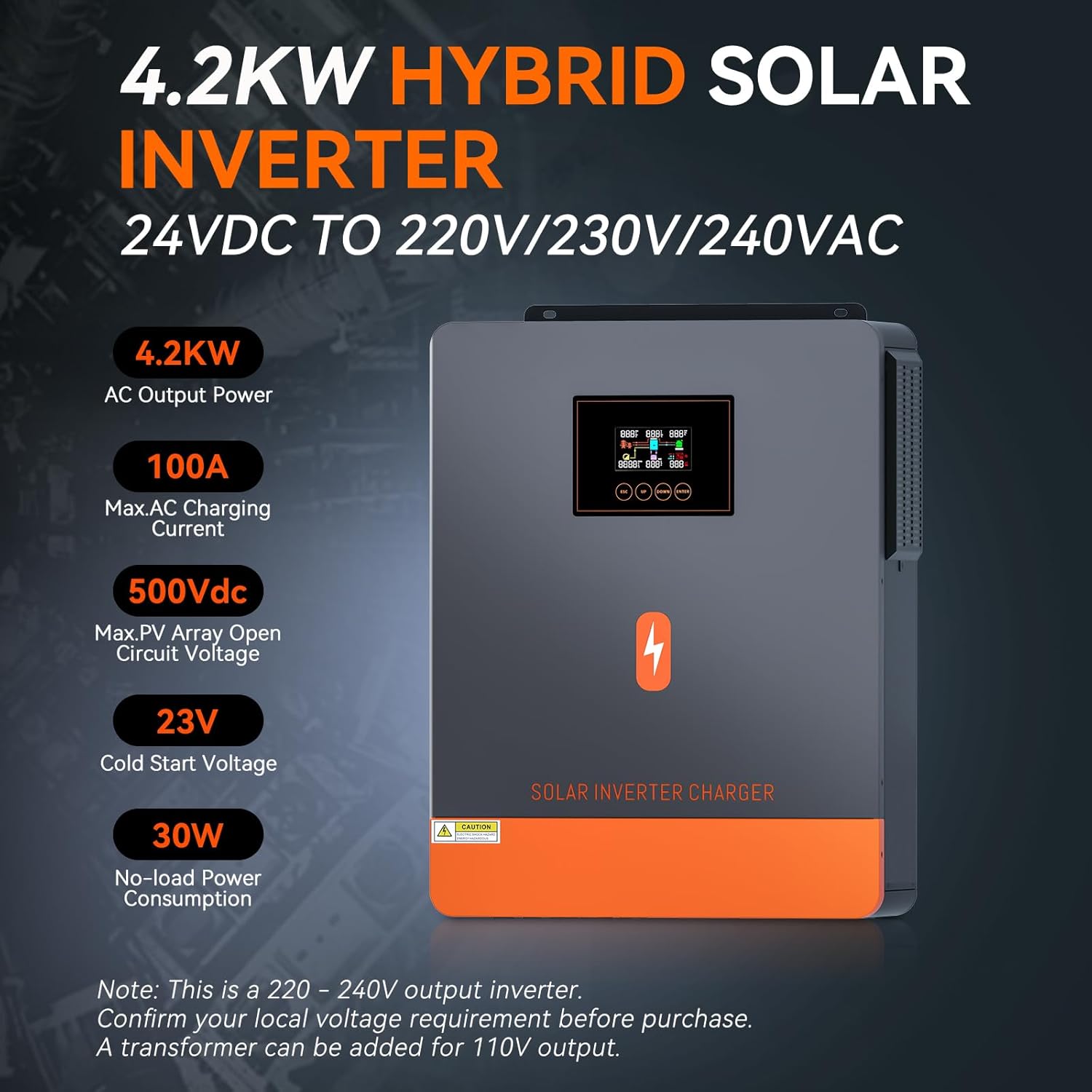 4200W Solar Inverter, 24V to 220-230VAC, Off-Grid Hybrid Inverter with 100A MPPT Solar Charge Controller, Max PV Array 4.2KW, Max.PV Open Circuit 500V, Built-in WIFI, With 24V Lead-Acid & Li Batteries