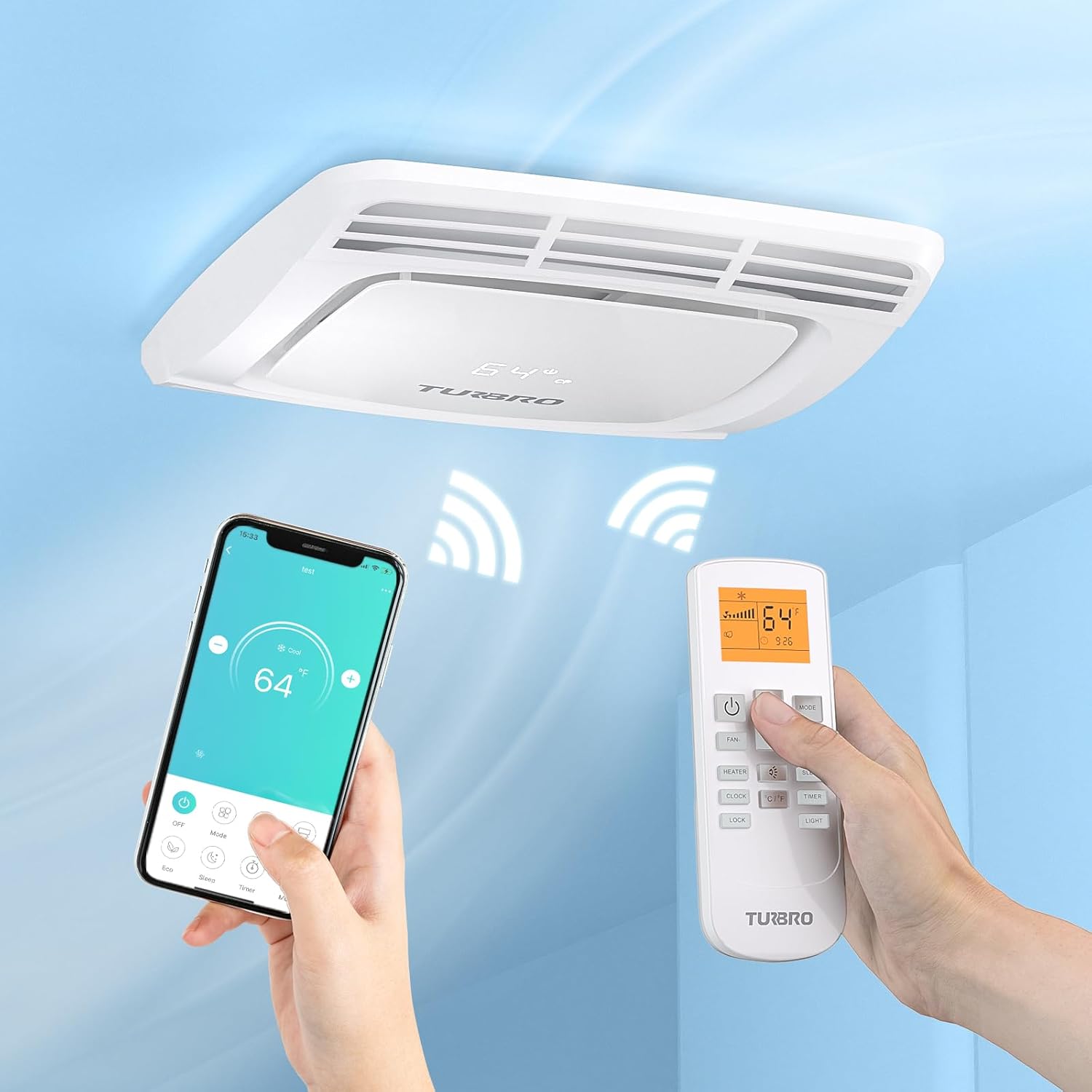 TURBRO RV Air Conditioner, 15,000 BTU Cooling with 1,500W Electric Heating, Non-ducted Rooftop Unit with Lift Handles, Ceiling Assembly with Atmosphere Lamp, 115V AC, Remote and WiFi-Controlled, Black