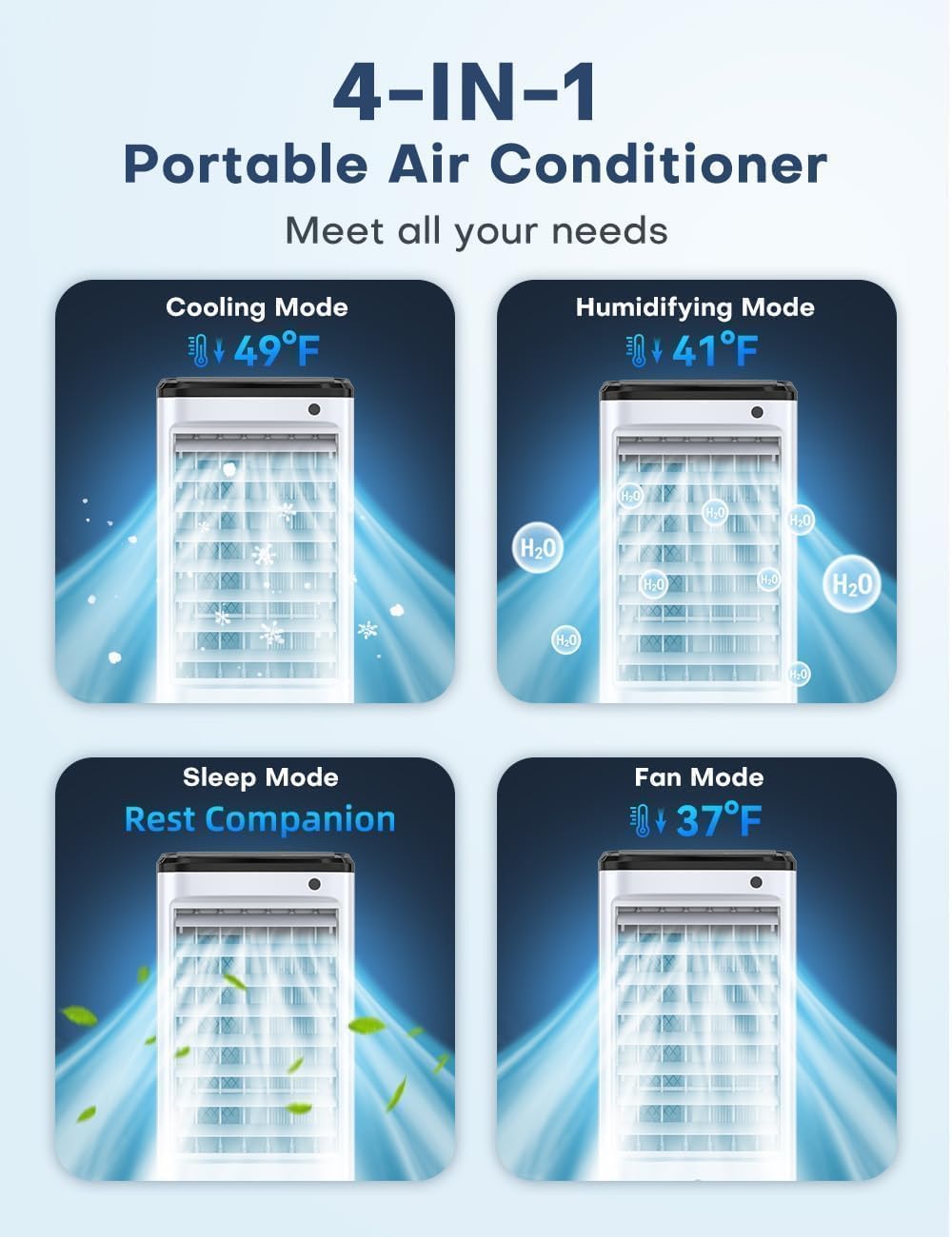 Windowless Air Conditioner with 6 Ice Packs, 3 Modes & 3 Speeds Swamp Cooler Air Conditioner, 12H Timer, 4L Tank for 24H Cooling, Remote, Dual Tank Portable Air Conditioners No Windows Needed