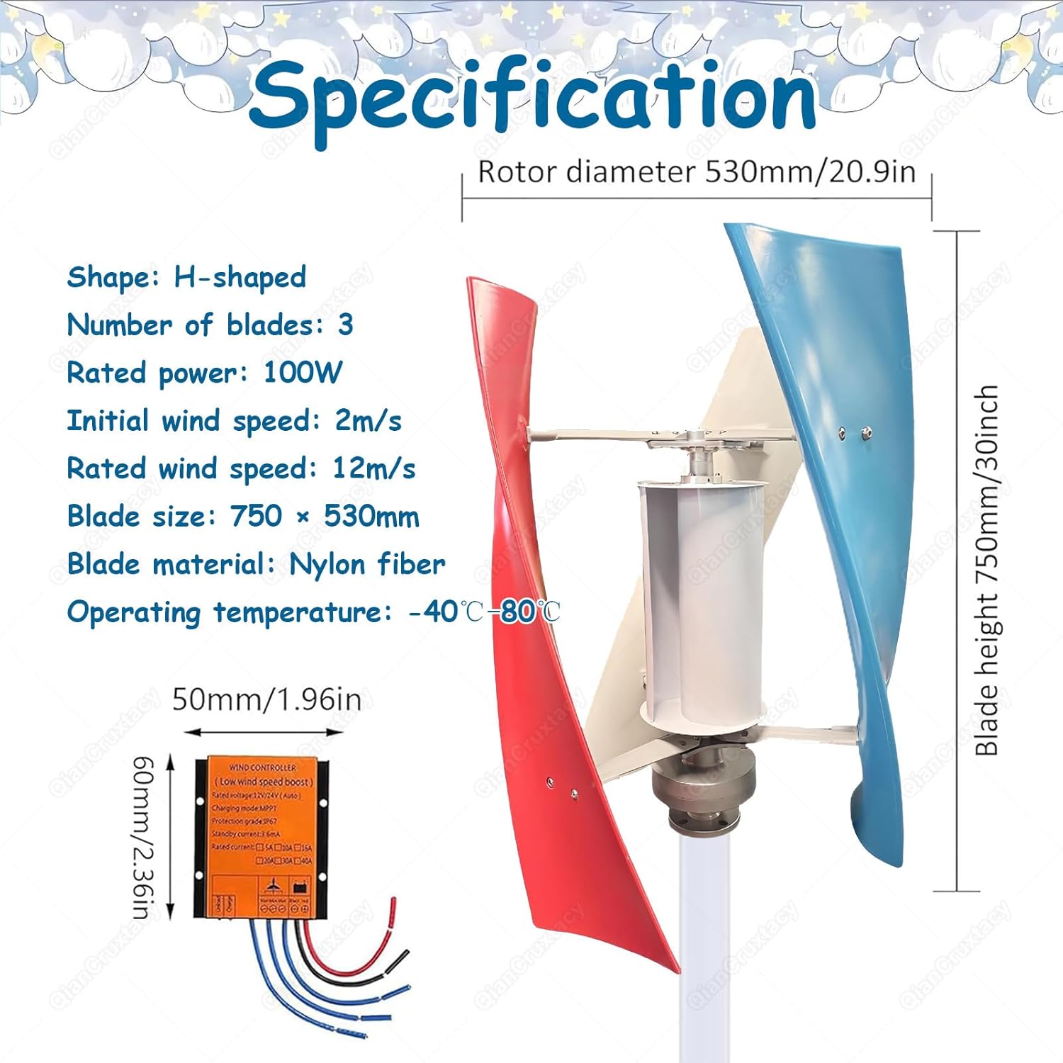 Maglev Vertical Wind Turbine, Complete Power Generation Kit, Portable Wind Turbines, Three Curved Nylon Fiber Blades, for Courtyard, Factory, Farm & Remote Applications Multi-200W