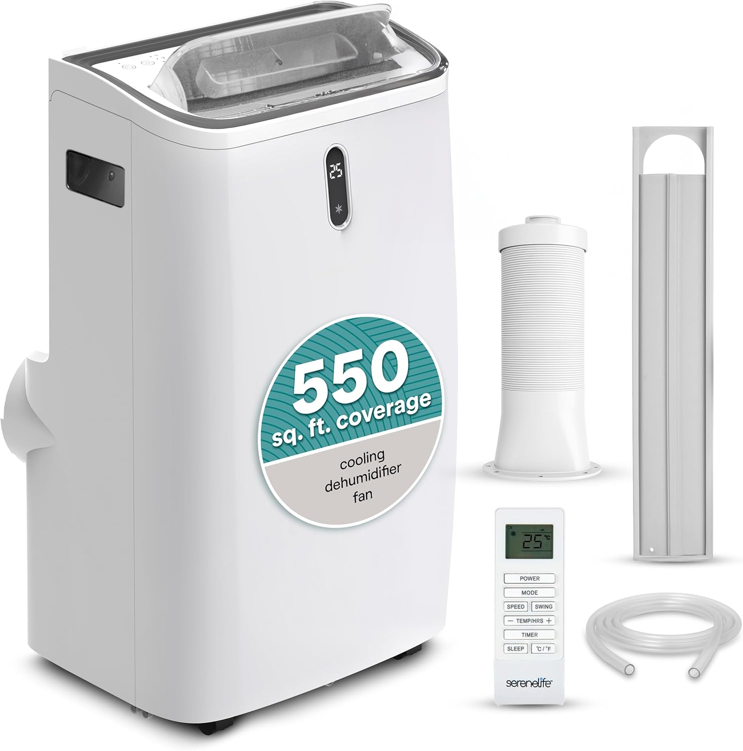 SereneLife 12,000 BTU Portable Air Conditioner - Compact Room Air Conditioner with Dehumidifier & Fan, Mini AC Unit for Rooms Up to 550 Sq. Ft., Window Kit Included, Rolling Wheels, Black