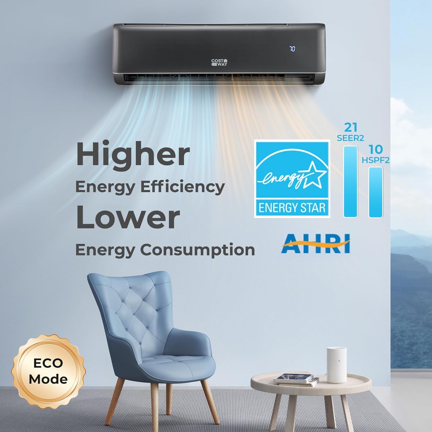 COSTWAY 12000 BTU Mini Split Air Conditioner & Heater, 21 SEER2 208-230V Inverter AC Unit Cools Rooms up to 750 Sq. Ft, Energy Star Split AC w/Heat Pump