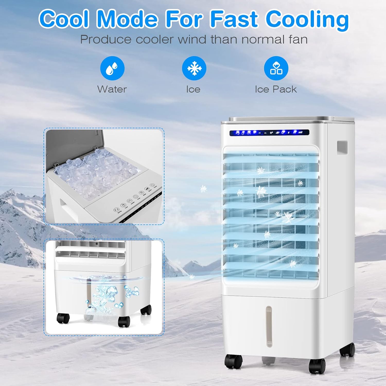 COSTWAY Evaporative Air Cooler, Portable Evaporator Cooler with Remote Control, 7H Timer, 3 Wind Speeds, 3 Modes, 4 Ice Boxes, Mini Air Conditioner for Bedroom Home Office Indoor Use White