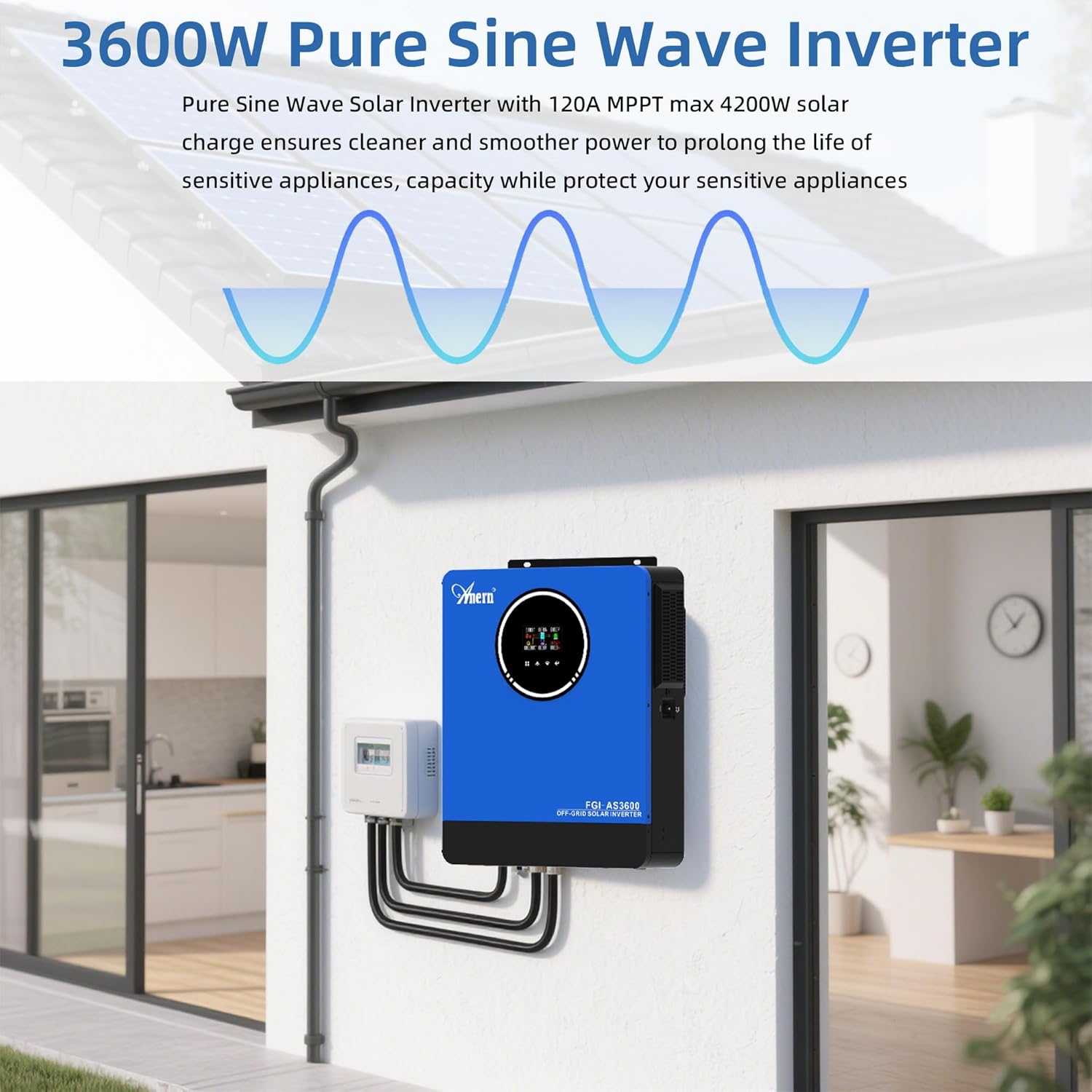 Anern 3600W Solar Inverter Charger 24VDC to 110VAC All in One, Hybrid Voltage Converter with 120A Mppt Charge Controller, Pure Sine Wave Power Two AC Output for Battery-Less or AGM Lithium Battery