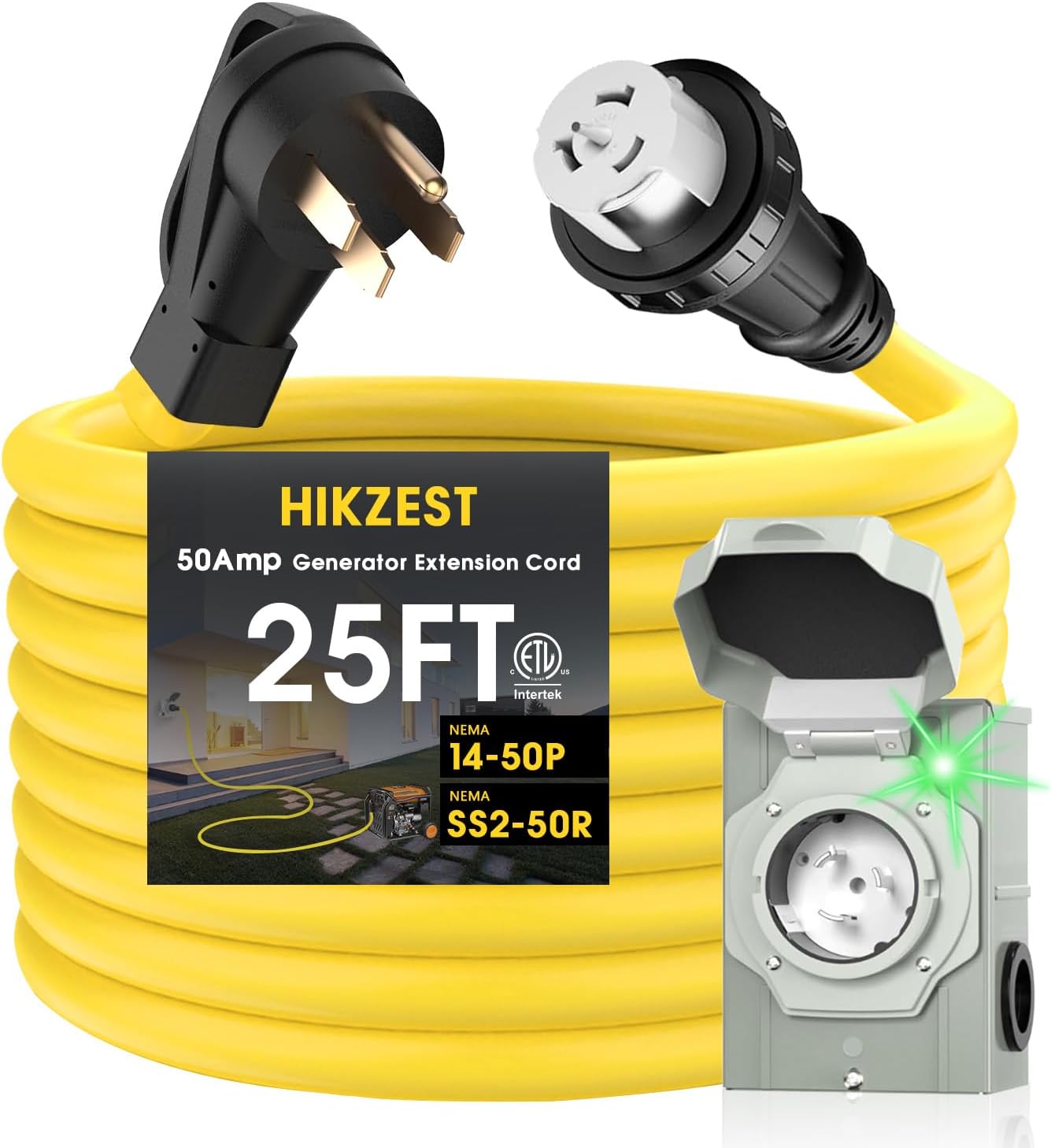 50 Amp Generator Cord and Power Inlet Box, Heavy Duty 25FT Generator Extension Cord, NEMA 14-50P to SS2-50R 125/250V Twist Locking with Pre-Drilled Inlet Box for Outdoor Emergency Kit