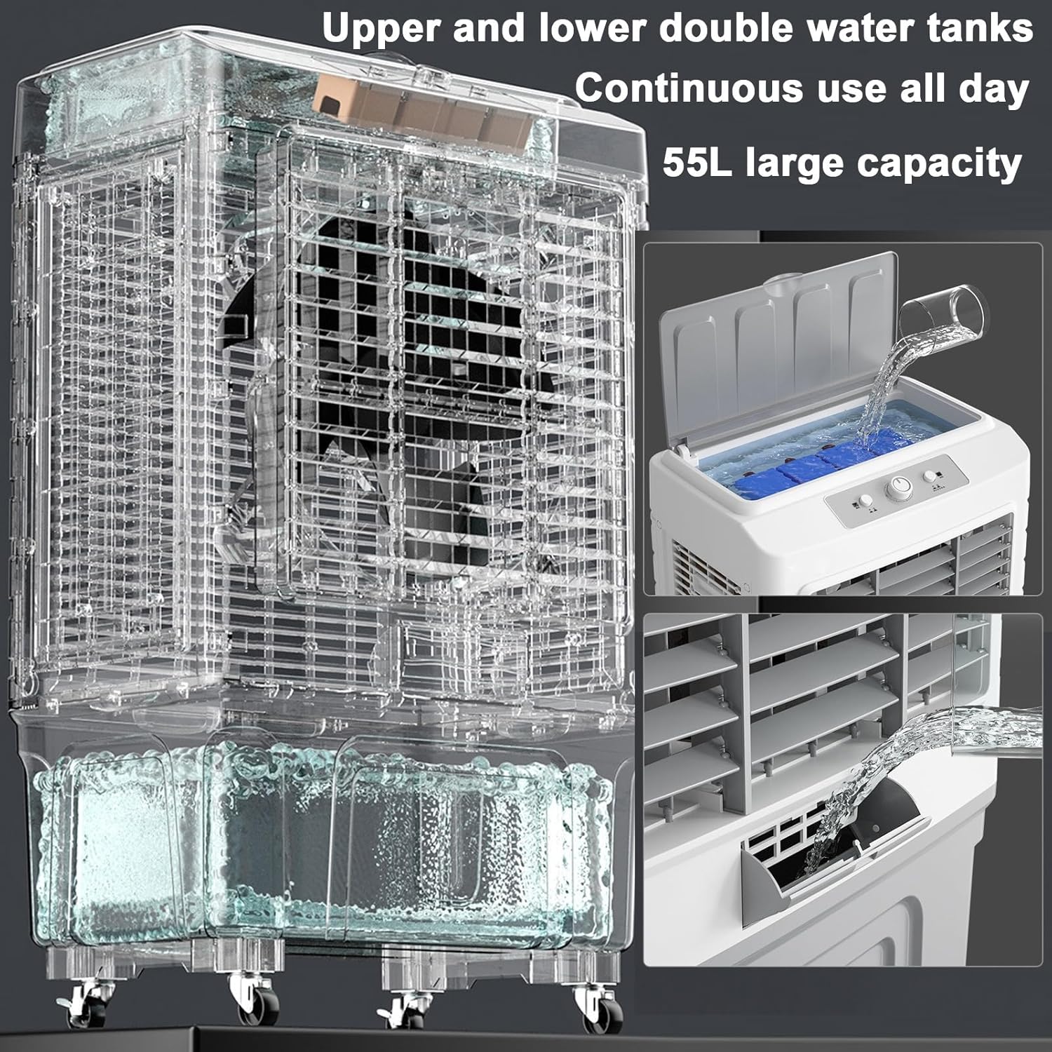 Swamp Cooler, Windowless Air Conditioner, Evaporative Air Cooler with 13.2gallon, 4 Ice Packs, 3-in-1 Cooling Fan w/3 Mode & 3 Speed, 7H Timer & Remote for Home Office Garage Outdoor(50x37x95cm/19.6x1