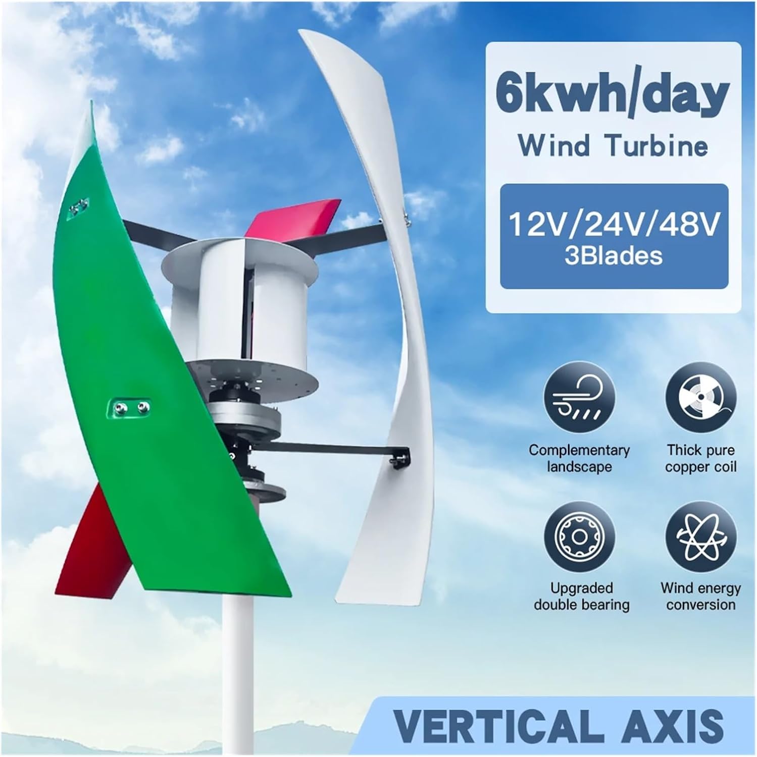 Wind Turbines, 5000W Vertical Wind Turbine Yacht Farm Family Farm Low Wind Speed Starting Wind Turbines(12V)