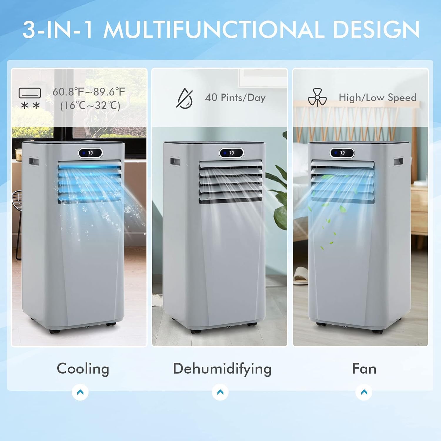 LDAILY Portable Air Conditioner, 8000 BTU for Rooms up to 230 sq.ft, 3-in-1 Evaporative Air Cooler w/Dehumidifying Fan & Remote Control, Sleep Mode, 24H Timer & LED Display (8000 BTU, Grey)