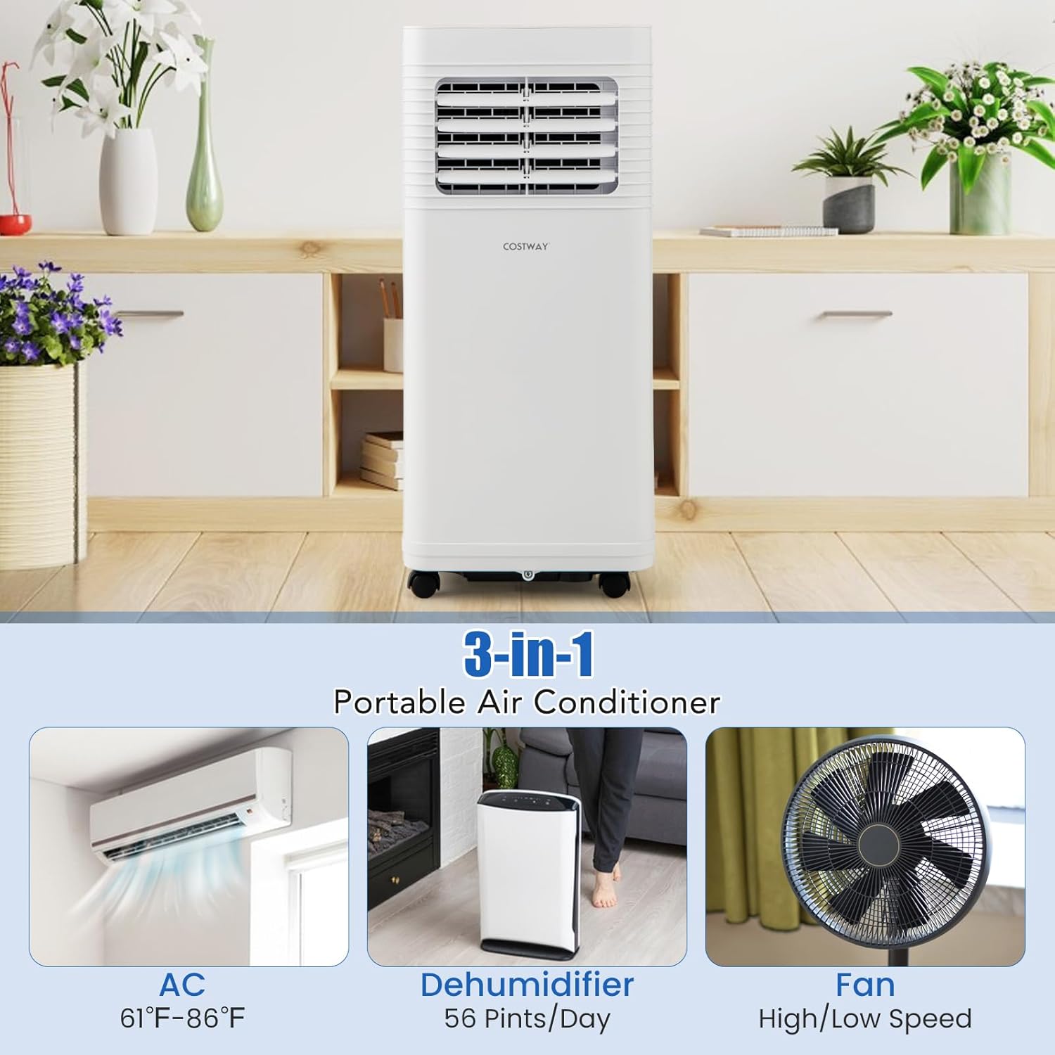 COSTWAY Portable Air Conditioner, 9000 BTU Air Conditioner with Fan & Dehumidifier, 24H Timer & Remote Control, Window Installation Kit, AC Unit Cools Rooms up to 300 Sq.Ft (9000 BTU)