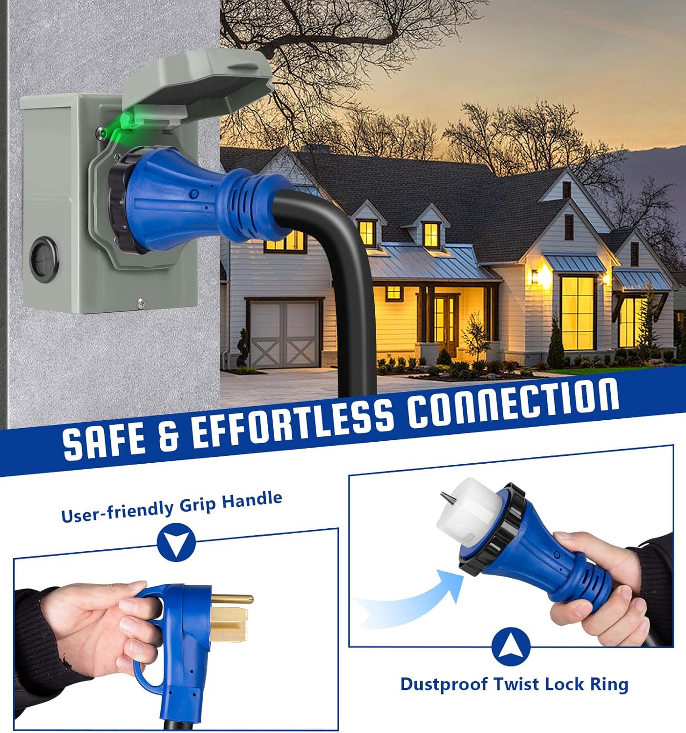 50 Amp Generator Cord and Inlet Box Combo Kit, 15FT NEMA 14-50P to SS2-50R Cord, Pre-Drilled Inlet Box, Waterproof, UL & ETL Listed