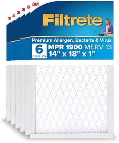Filtrete 14x18x1 AC Furnace Air Filter, MERV 13, MPR 1900, Premium Allergen, Bacteria & Virus Filter, 3-Month Pleated Electrostatic Air Cleaning Filter, 6-Pack (Actual Size 13.81x17.81x0.81 in)