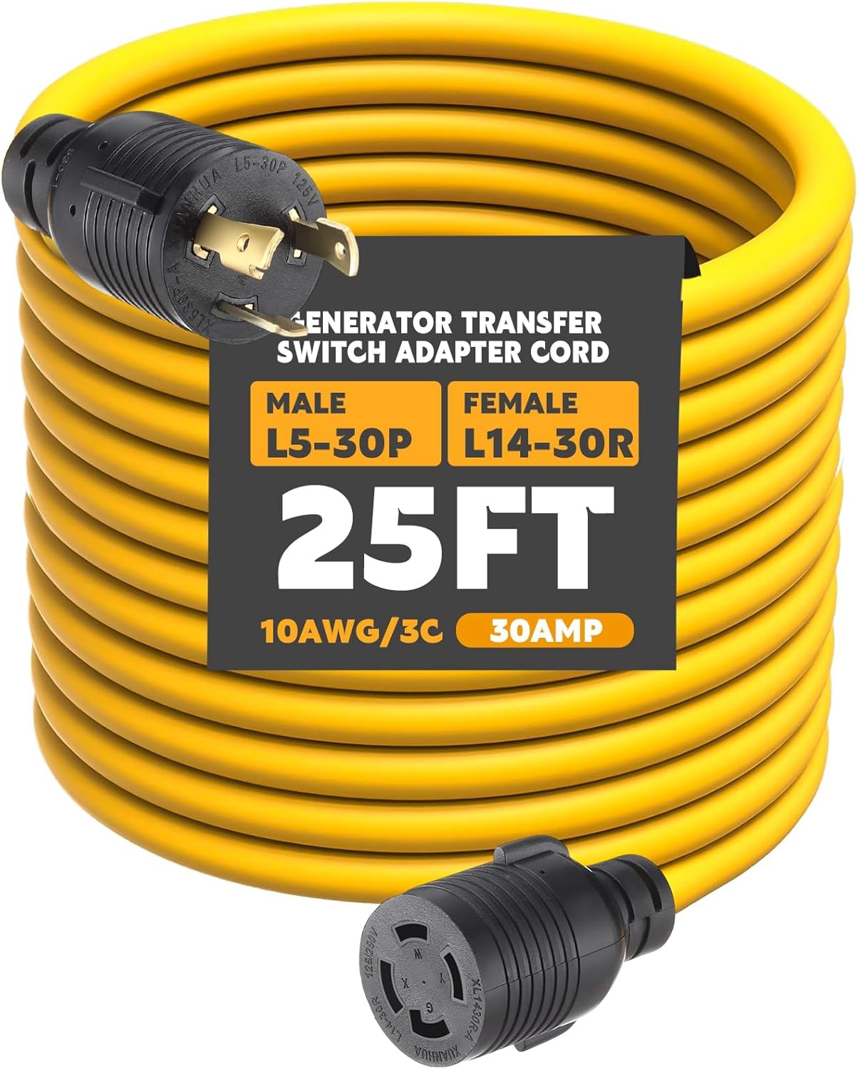 Kanayu 25ft Generator Transfer Switch Adapter Cord Compatible with NEMA L5-30p to L14-30r, 30 Amp Locking 3 Prong to 4 Prong Adapter Rv Generator to House Inlet Box, STW 10 Awg, Etl Listed