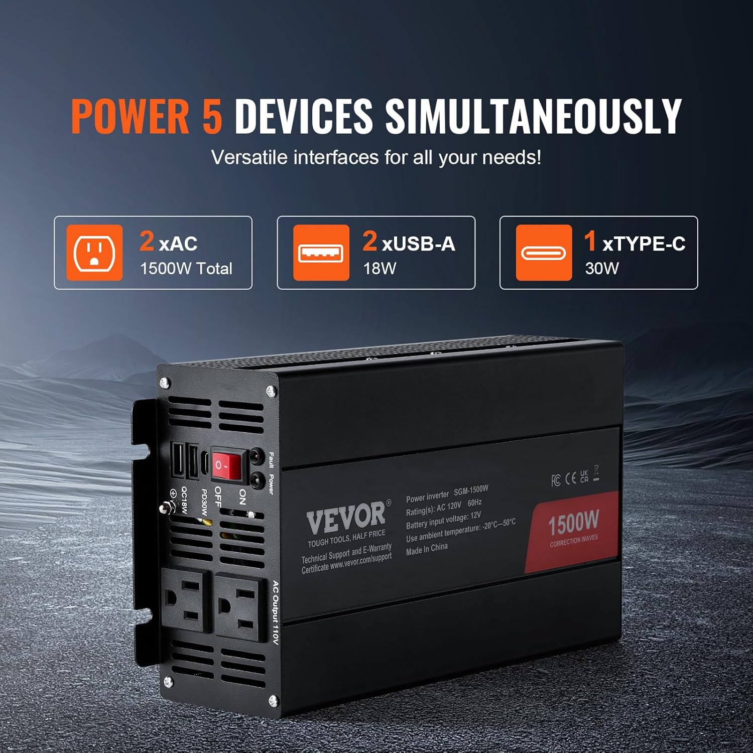VEVOR Modified Sine Wave Inverter, 1500W Power Inverter DC 12V to AC 120V with 2 AC Outlets 2 USB Port 1 Type-C Port 6 Spare Fuses, for Small Home Devices Like Smartphone Laptop, CE FCC Certified
