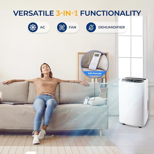 SereneLife Small Air Conditioner Portable 14,000 BTU with Built-in Dehumidifier - Portable AC unit for rooms up to 650 sq ft - Remote Control, Window Mount Exhaust Kit