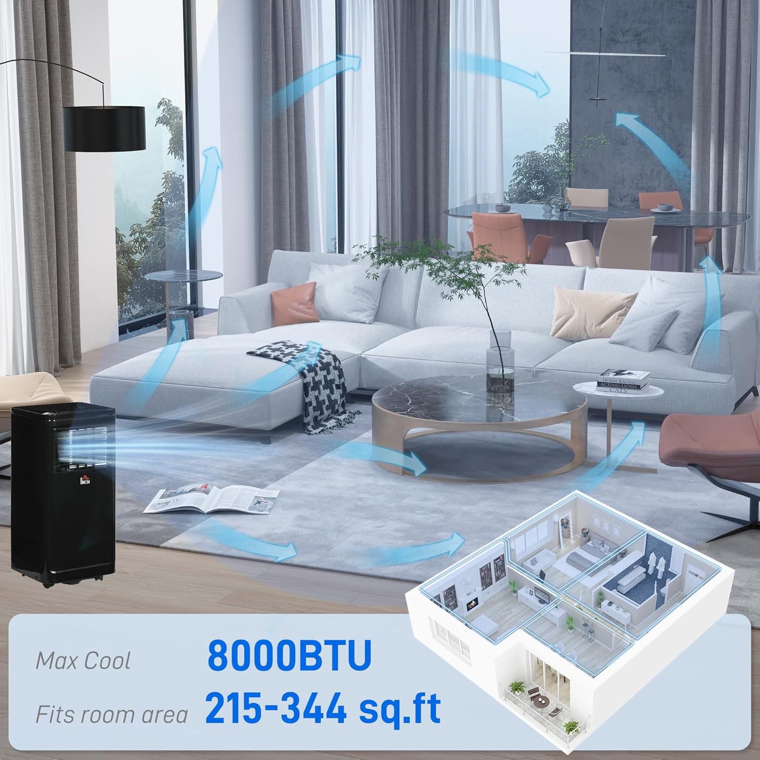 HOMCOM 8000 BTU Portable Air Conditioner, for Rooms Up to 344 Sq. Ft., 3-in-1 Portable AC Unit with Dehumidifier, Cooling Fan, Sleep, 24H Timer On/off, Remote, Window Installation Kits, Deep Black