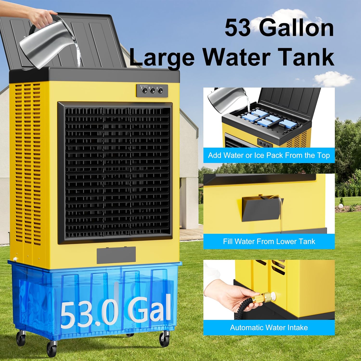 AKIRES 14715CFM Swamp Coolers,Evaporative Air Cooler for 2800Sq.ft of Space,with Continuous Auto Fill,53-Gal Water Tank,120°Oscillation,5 Ice Packs,Cooling Fan for Outdoor,Indoor Yellow(71IN)