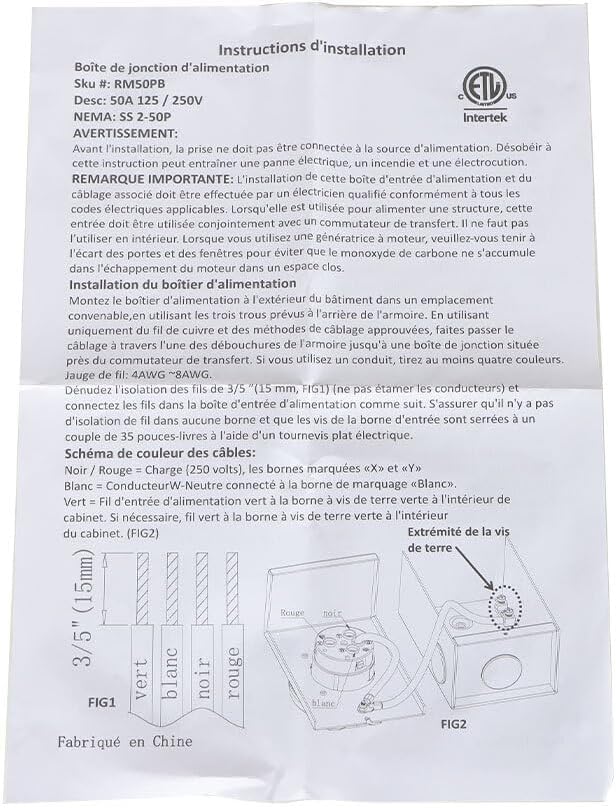 50 A Generator Power Inlet Box NEMA SS2-50P 3 Prong Power Inlet Box 120/250V