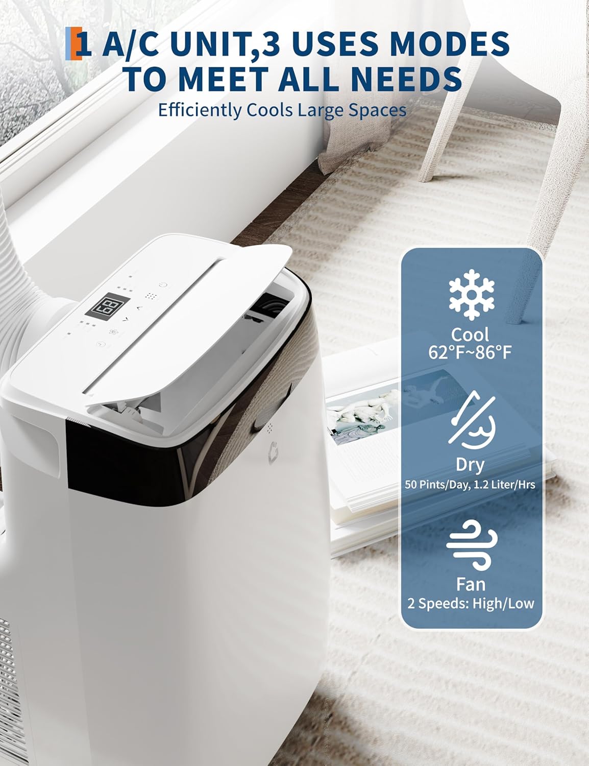 14000 BTU Portable Air Conditioner - Powerful Cooling for Rooms Up to 750 Sq Ft | 3-In-1 AC Unit with Cooling, Fan & Dehumidifier | Ultra-Quiet Sleep Mode, Remote, Timer | Easy Setup Window Kit Includ