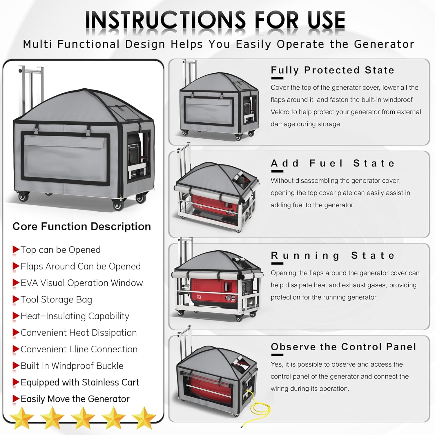 Generator Covers While Running, (23.2X14.1X19.6inches), Portable GeneratorCover with Cart, for HD-iPower-Champion1000w-2500w Portable Generators,900D Covers +201heavy-duty stainless steel Cart.