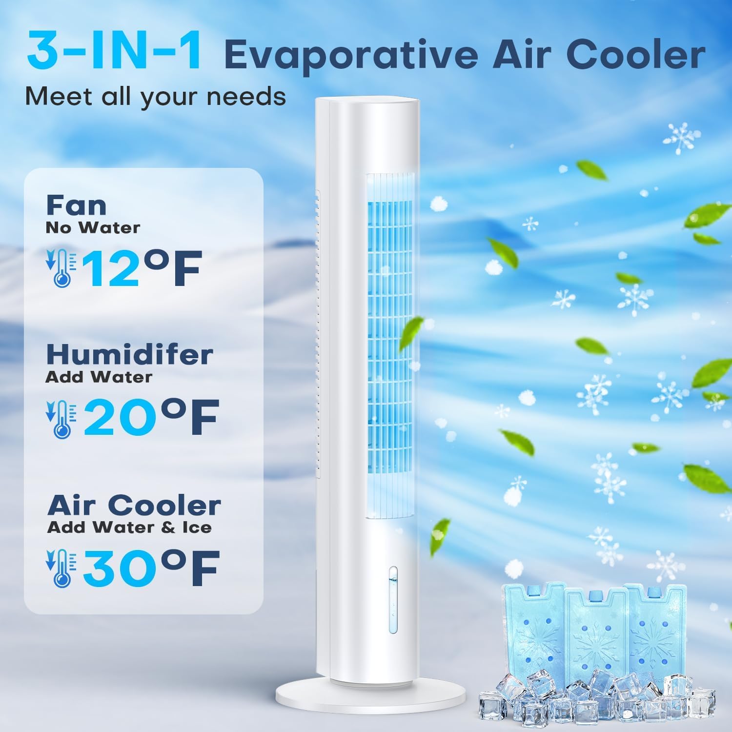Windowless Air Conditioner Portable, 3 Speeds, 1.2L Water Tank, 3 Ice Packs, 20ft Remote, 7H Timer, No Hose No Window Needed,70° Oscillating Portable AC Unit for Room