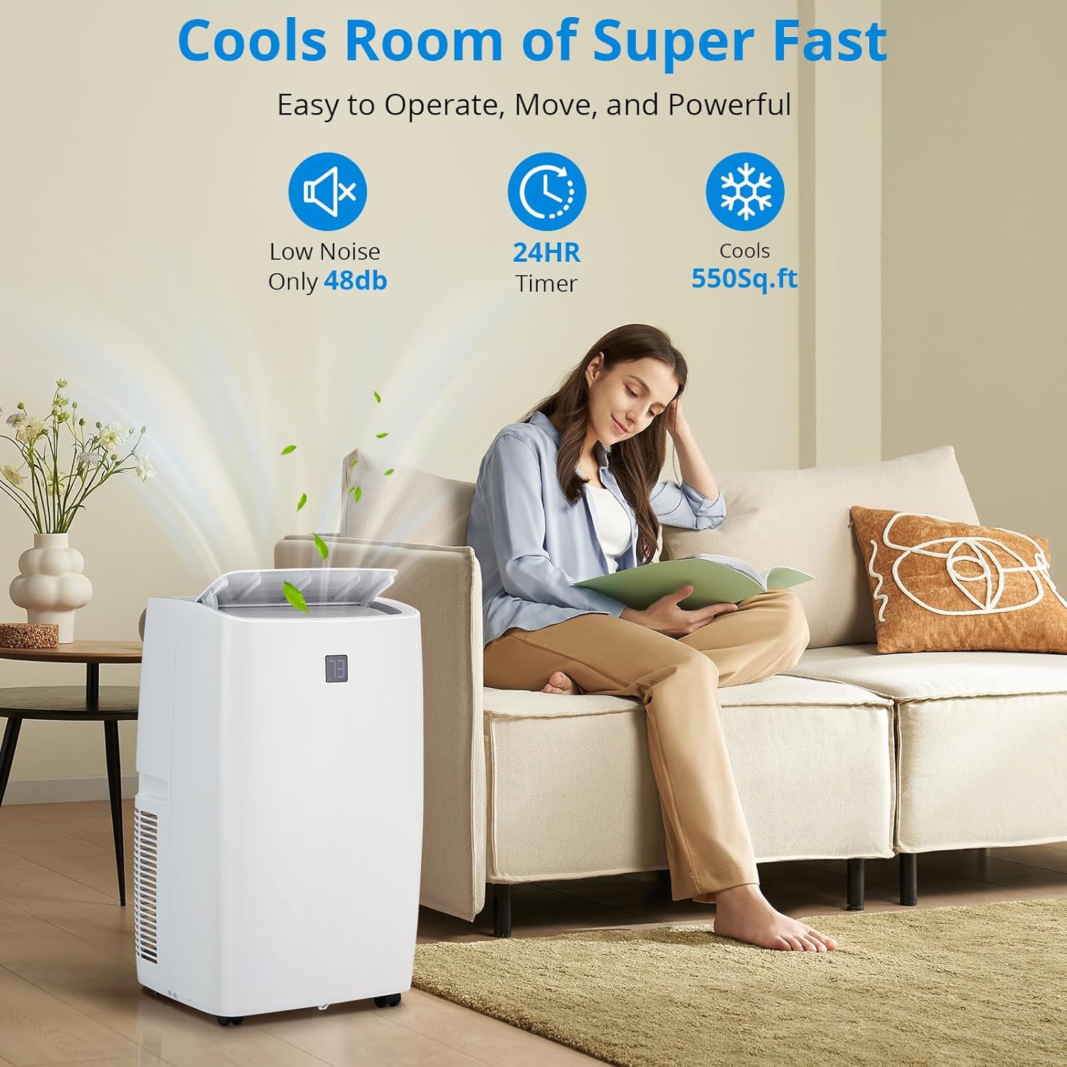 12,000 BTU Portable Air Conditioner, 3in1 Cooling, Dehumidifier, Fan for Rooms Up to 450 Sq. Ft. Digital Display, Remote Control Smart Sleep Mode