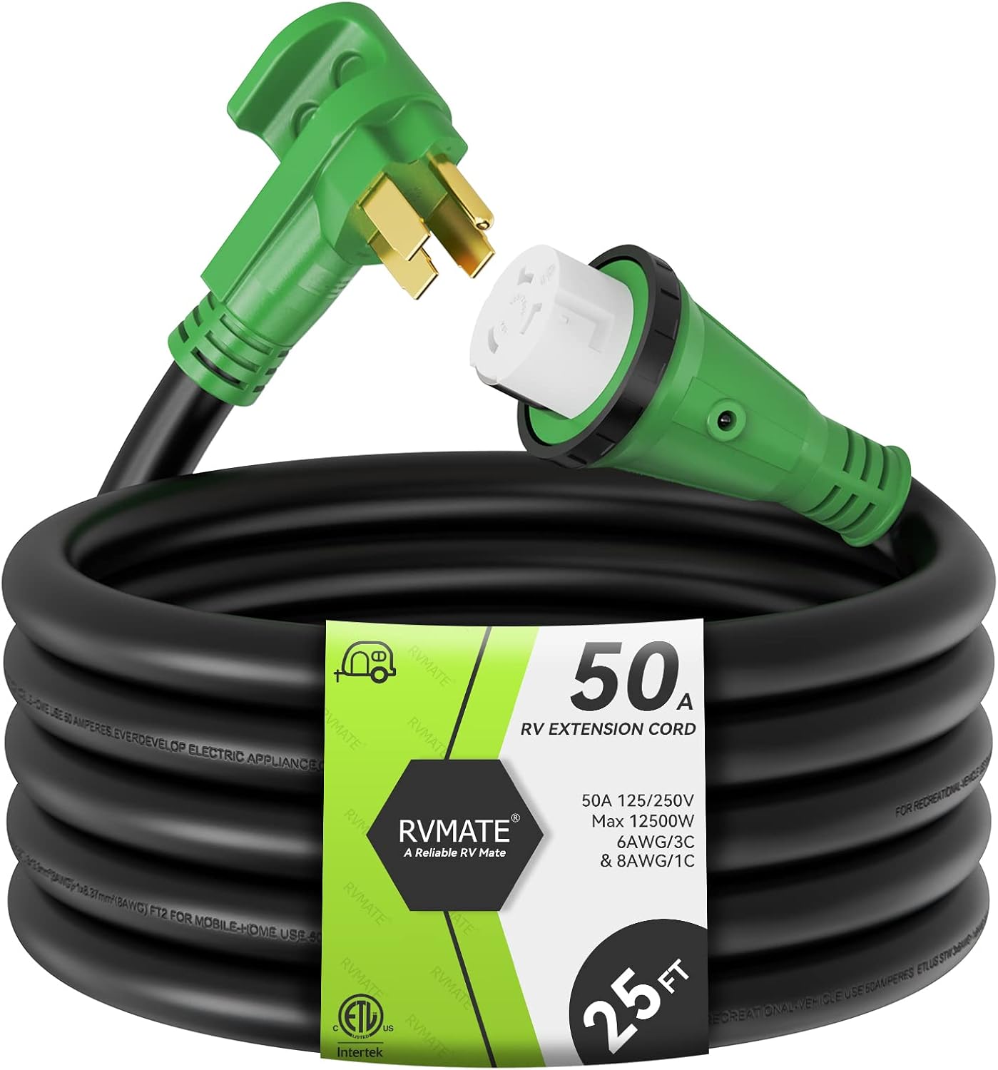 RVMATE 50 Amp 25 Feet RV/Generator Lockable Power Extension Cord, Easy Plug in Handle, 14-50P to SS 2-50R with LED Indicator, ETL Listed
