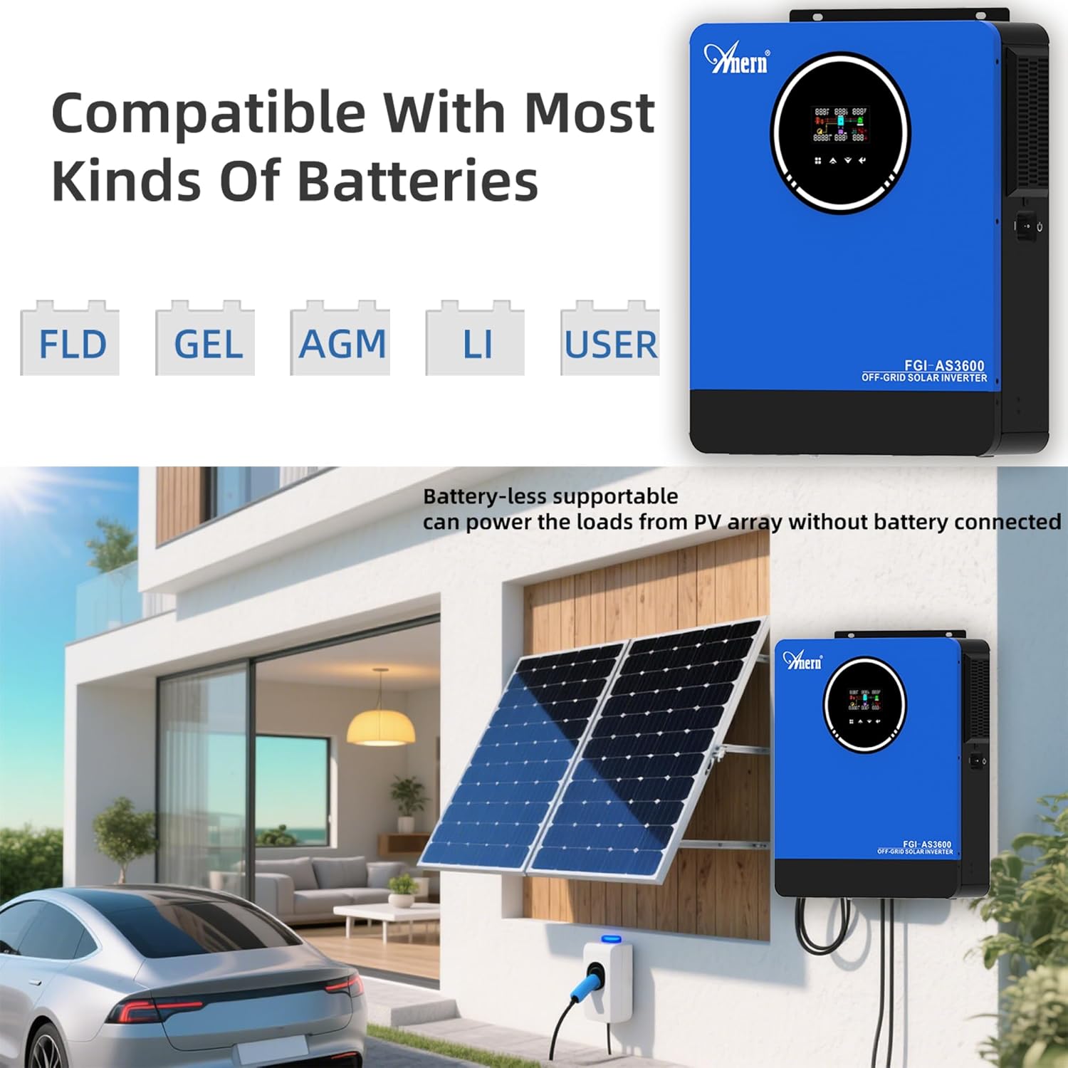 Anern 3600W Solar Inverter Charger 24VDC to 110VAC All in One, Hybrid Voltage Converter with 120A Mppt Charge Controller, Pure Sine Wave Power Two AC Output for Battery-Less or AGM Lithium Battery