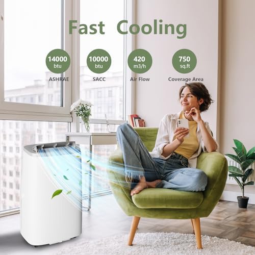 14000BTU Portable Air Conditioners for Room Cooling up to 750 Sq. Ft, 3 in 1 Mobile Indoor AC Units with Fan & Dehumidifier, Remote Control, Sleep Mode, 24H Timer, Window Vent Kit… (14000BTU)