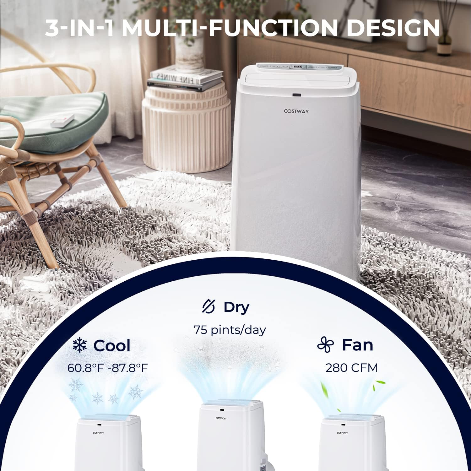 COSTWAY Portable Air Conditioner, 1,2000 BTU 3 in 1 Air Cooler w/Fan & Dehumidifier, Quiet AC Unit Cools Rooms up to 450 sq.ft, Sleep Mode, 3 Fan Speeds, 24H Timer, Digital Display & Remote Control