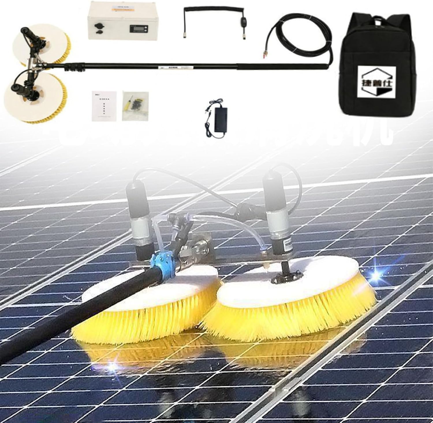 Electric Solar Panel Cleaning Kit with Water Fed Pole，2 Round Brushes Accessories Set and 24.6 FT Cable Photovoltaic Panel Cleaning Equipment Brush,7.5M-MainsElectricity