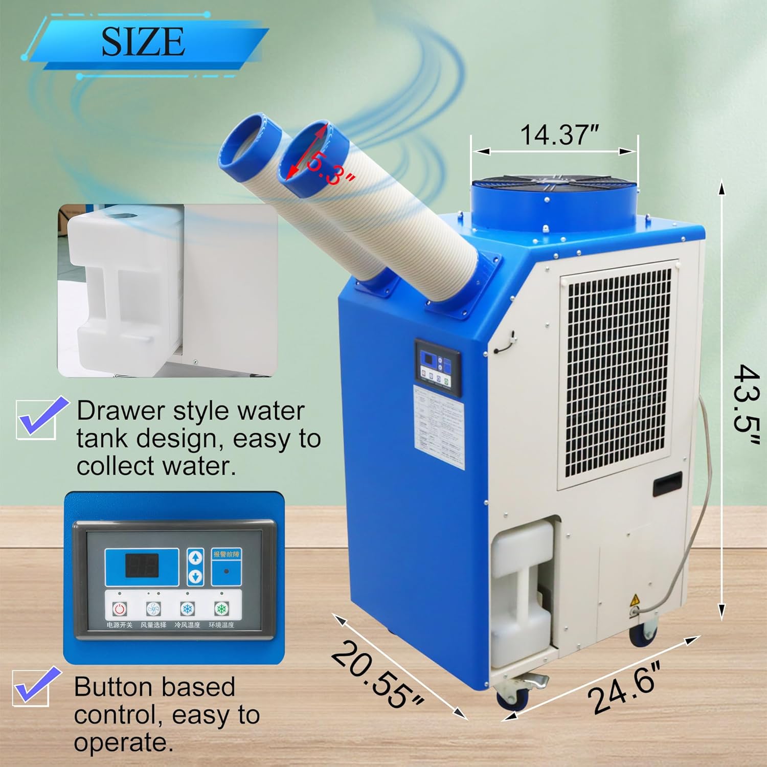 Industrial Portable Air Conditioner with Wheels 14L Large Tank Commercial Spot Cooler Adjustable Air Outlet Ideal for Hospitals Workshops Outdoor Events 220V 1.8KW