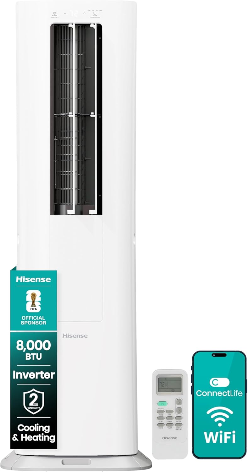 Hisense API0825UW1D Smart Inverter Twin Hose 8,000 BTU (DOE) 350 SF Heat/Cool Tower Portable Air Conditioner, White