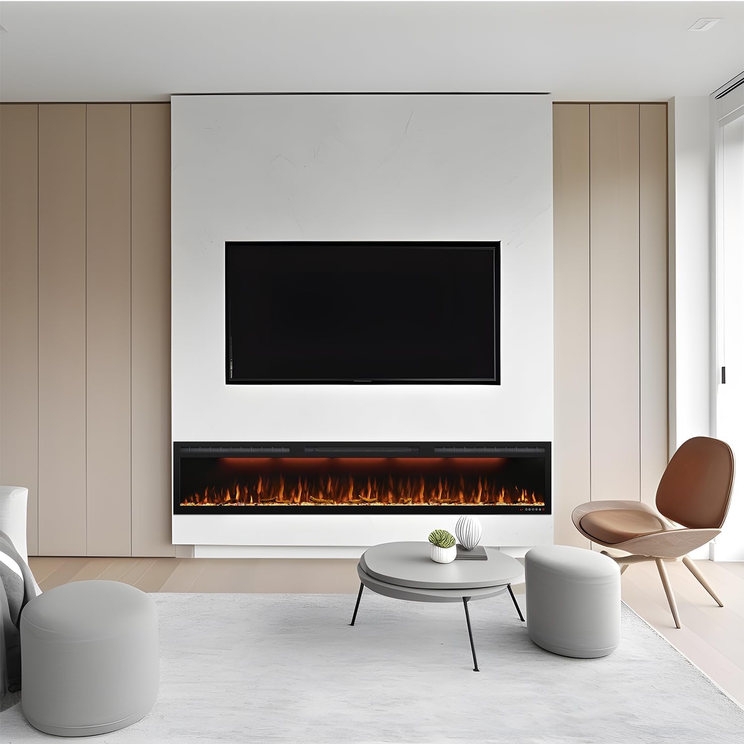 Electric Fireplace Recessed 88 inches, Insert and Wall Mounted Slim Fireplace with 750/1500 Watt Heater, Log & Crystal Hearth, Adjustable Realistic Flame and Remote Control & Touch Screen