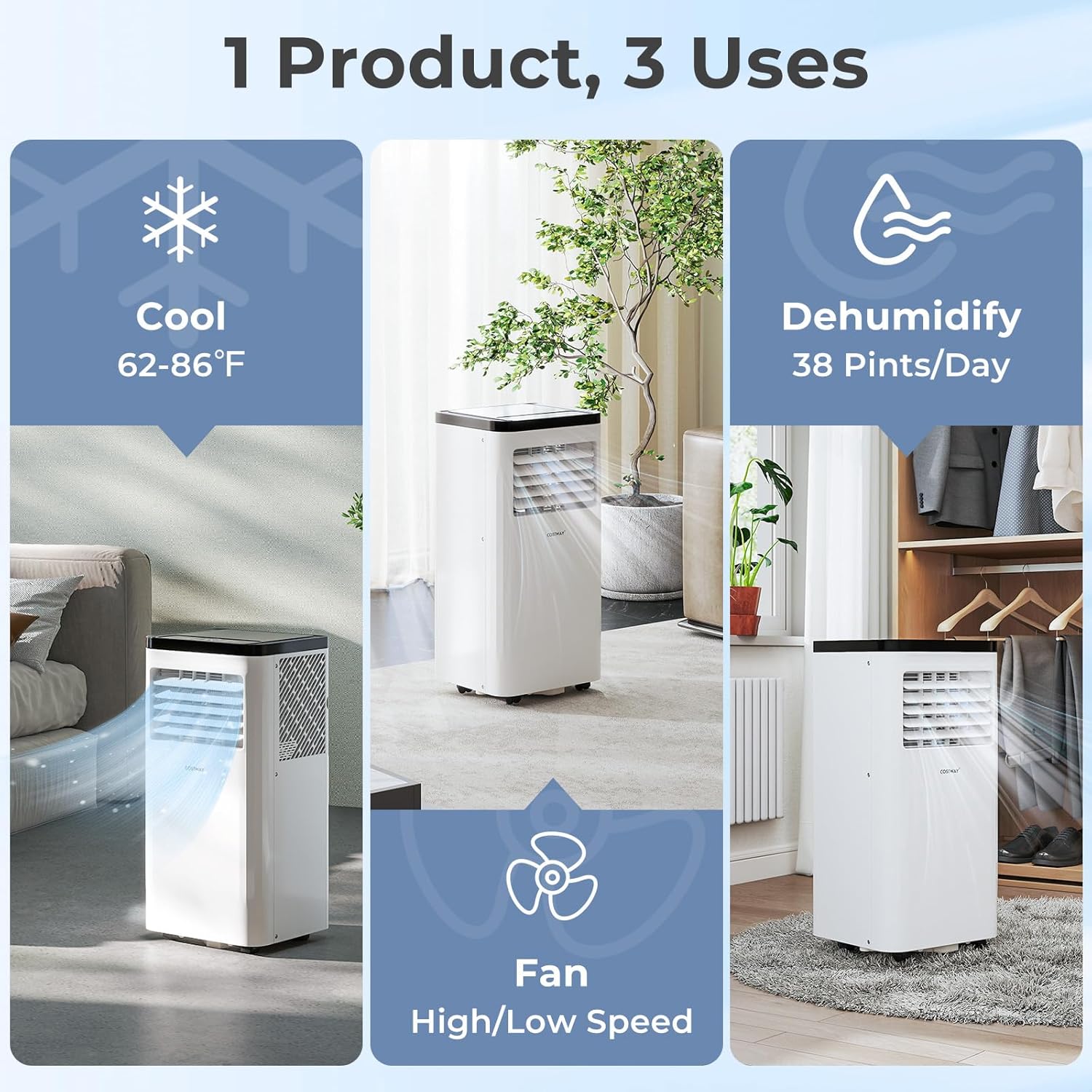 COSTWAY 8000 BTU Portable Air Conditioner, 3 in 1 AC Unit w/Sleep Mode, 24H Timer, LED Display, Remote Control & Window Kit, Energy-saving Air Cooler for Rooms up to 350 Sq.Ft